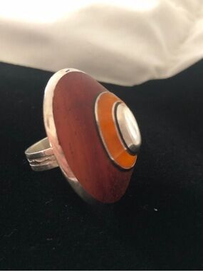 WEST AFRICAN TUAREG STERLING AMBER RESIN SILVER STATEMENT RING